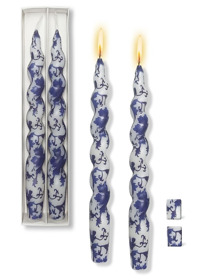 MANNYCOM Spiral Blue and White Taper Candles -7.5 Inch Short Unscented Chinoiserie Design Candlesticks for Weddings Family Gatherings Restaurants Holiday Decorations Elegant Table Candles for Events Set of 2 - Image 1